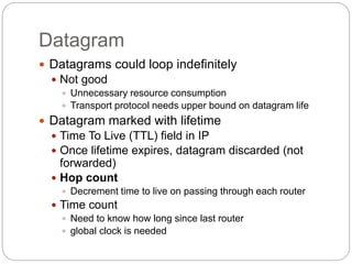 Datagram
 Datagrams could loop indefinitely
 Not good
 Unnecessary resource consumption
 Transport protocol needs upper bound on datagram life
 Datagram marked with lifetime
 Time To Live (TTL) field in IP
 Once lifetime expires, datagram discarded (not
forwarded)
 Hop count
 Decrement time to live on passing through each router
 Time count
 Need to know how long since last router
 global clock is needed
 
