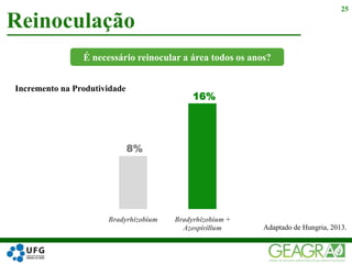 Reinoculação
25
É necessário reinocular a área todos os anos?
Incremento na Produtividade
8%
16%
Bradyrhizobium Bradyrhizobium +
Azospirillum Adaptado de Hungria, 2013.
 