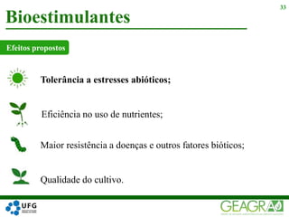 Bioestimulantes
33
Efeitos propostos
Eficiência no uso de nutrientes;
Tolerância a estresses abióticos;
Maior resistência a doenças e outros fatores bióticos;
Qualidade do cultivo.
 