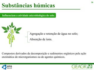 Substâncias húmicas
38
Agregação e retenção de água no solo;
Absorção de íons.
Compostos derivados da decomposição e sedimentos orgânicos pela ação
enzimática de microrganismos ou de agentes químicos.
Influenciam a atividade microbiológica do solo.
 