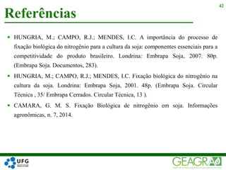  HUNGRIA, M.; CAMPO, R.J.; MENDES, I.C. A importância do processo de
fixação biológica do nitrogênio para a cultura da soja: componentes essenciais para a
competitividade do produto brasileiro. Londrina: Embrapa Soja, 2007. 80p.
(Embrapa Soja. Documentos, 283).
 HUNGRIA, M.; CAMPO, R.J.; MENDES, I.C. Fixação biológica do nitrogênio na
cultura da soja. Londrina: Embrapa Soja, 2001. 48p. (Embrapa Soja. Circular
Técnica , 35/ Embrapa Cerrados. Circular Técnica, 13 ).
 CAMARA, G. M. S. Fixação Biológica de nitrogênio em soja. Informações
agronômicas, n. 7, 2014.
Referências
42
 