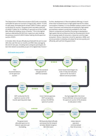 15
5G: Enable, elevate, and emerge | Digitalising us to infinity and beyond
5G Growth story so far14
The Department of Telecommunications (DoT) India successfully
concluded 5G spectrum auctions in August 2022, where ~72 GHz
of radio wave, estimated worth at least US$53.75 billion, was put
on the block for auction. The government recorded a total bid
of US$18.77 billion for 51,236 MHz (71 percent) out of the 72,098
MHz offered for bidding, across 10 bands.15
This is the highest
revenue collected by the GOI from a spectrum sale, breaking
the previous record of US$12.5 billion held by the 4G spectrum
auction of 2015.
In October 2022, 5G was officially launched with the aim to cover
200 cities over the next six months and PAN India coverage by
the end of next year, including towns and gram panchayats, for
last-mile network accessibility as part of its digital India mission.6
Further, developments in fibre-broadband offerings in recent
times have increased access to high-speed internet for indoor
consumption; however, it is not available outdoors and/or on the
move. Consumers and enterprises are looking for high-speed
and seamless network connectivity available on the move.
Telecom companies are therefore focussing on developing a
high-speed internet architecture that has the potential to serve
the increasing needs of consumers, industries, and the larger
ecosystem. Hence, it becomes critical for operators, OEMs, and
service providers to develop and adopt 5G services quickly and
efficiently, with aid from the government.
TRAI
recommendations
on 5G spectrum
auction
DOT conducted the 5G
spectrum auction of 40
rounds spanning seven days
The government
allocated spectrum to
telecom operators per
the bidding
TSDSI’s 5Gi standard
merged with the
3GPP 5G standard
Union Cabinet approves
DOT’s proposal to
conduct the IMT/5G
spectrum auction
PM Narendra Modi officially
premiered the 5G network
at Indian Mobile Congress-
IMC 2022 event
Union Government begins 5G
trials in India; DoT allocates
spectrum for 5G trials to
telecom service providers
During budget 2022, the Union
Finance Minister announced the plan
for spectrum auction of 5G airwaves
to take place in 2022
Indian telecom
operators
commercialised
their 5G services
August
2018
November
2020
May
2021
July–
August
2022
June
2022
February
2022
August
2022
October
2022
October
2022
 