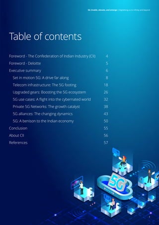 Foreword - The Confederation of Indian Industry (CII) 4
Foreword - Deloitte 5
Executive summary 6
Set in motion 5G: A drive far along 8
Telecom infrastructure: The 5G footing 18
Upgraded gears: Boosting the 5G ecosystem 26
5G use cases: A flight into the cybernated world 32
Private 5G Networks: The growth catalyst 38
5G alliances: The changing dynamics 43
5G: A benison to the Indian economy 50
Conclusion 55
About CII 56
References 57
Table of contents
3
5G: Enable, elevate, and emerge | Digitalising us to infinity and beyond
 
