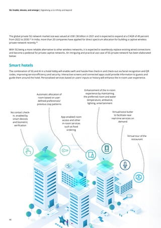 40
5G: Enable, elevate, and emerge | Digitalising us to infinity and beyond
With 5G being a more reliable alternative to other wireless networks, it is expected to seamlessly replace existing wired connections
and become a pedestal for private captive networks. An intriguing and practical use case of 5G private network has been elaborated
below:
Smart hotels
The combination of 5G and AI in a hotel lobby will enable swift and hassle-free check-in and check-out via facial recognition and QR
codes, improving service efficiency and security. Interactive screens and connected apps could provide information to guests and
guide them around the hotel. Personalised services based on users’ inputs or history will enhance the in-room user experience.
No contact check-
in, enabled by
smart devices
and biometric
verification
Automatic allocation of
room based on user-
defined preferences/
previous stay patterns
App-enabled room
access and other
in-room services
such as food
ordering
Virtual/voice butler
to facilitate near
real-time services on
demand
Virtual tour of the
restaurant
Enhancement of the in-room
experience by maintaining
the preferred room and water
temperature, ambiance,
lighting, entertainment
The global private 5G network market size was valued at US$1.38 billion in 2021 and is expected to expand at a CAGR of 49 percent
from 2022 to 2030.42
In India, more than 20 companies have applied for direct spectrum allocation for building a captive wireless
private network recently.43
 
