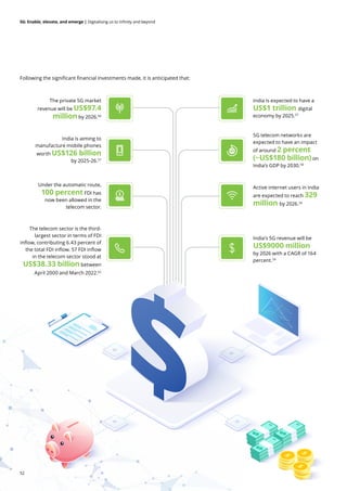 52
5G: Enable, elevate, and emerge | Digitalising us to infinity and beyond
Following the significant financial investments made, it is anticipated that:
India is expected to have a
US$1 trillion digital
economy by 2025.57
India is aiming to
manufacture mobile phones
worth US$126 billion
by 2025-26.57
Active internet users in India
are expected to reach 329
million by 2026.59
The telecom sector is the third-
largest sector in terms of FDI
inflow, contributing 6.43 percent of
the total FDI inflow. 57 FDI inflow
in the telecom sector stood at
US$38.33 billion between
April 2000 and March 2022.62
5G telecom networks are
expected to have an impact
of around 2 percent
(~US$180 billion) on
India’s GDP by 2030.58
India’s 5G revenue will be
US$9000 million
by 2026 with a CAGR of 164
percent.59
Under the automatic route,
100 percent FDI has
now been allowed in the
telecom sector.
The private 5G market
revenue will be US$97.4
million by 2026.60
 