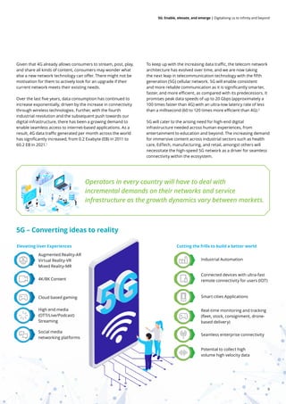 9
5G: Enable, elevate, and emerge | Digitalising us to infinity and beyond
Given that 4G already allows consumers to stream, post, play,
and share all kinds of content, consumers may wonder what
else a new network technology can offer. There might not be
motivation for them to actively look for an upgrade if their
current network meets their existing needs.
Over the last five years, data consumption has continued to
increase exponentially, driven by the increase in connectivity
through wireless technologies. Further, with the fourth
industrial revolution and the subsequent push towards our
digital infrastructure, there has been a growing demand to
enable seamless access to internet-based applications. As a
result, 4G data traffic generated per month across the world
has significantly increased, from 0.2 Exabyte (EB) in 2011 to
60.2 EB in 2021.1
Operators in every country will have to deal with
incremental demands on their networks and service
infrastructure as the growth dynamics vary between markets.
To keep up with the increasing data traffic, the telecom network
architecture has evolved over time, and we are now taking
the next leap in telecommunication technology with the fifth
generation (5G) cellular network. 5G will enable consistent
and more reliable communication as it is significantly smarter,
faster, and more efficient, as compared with its predecessors. It
promises peak data speeds of up to 20 Gbps (approximately a
100 times faster than 4G) with an ultra-low latency rate of less
than a millisecond (60 to 120 times more efficient than 4G).2
5G will cater to the arising need for high-end digital
infrastructure needed across human experiences, from
entertainment to education and beyond. The increasing demand
for immersive content across industrial sectors such as health
care, EdTech, manufacturing, and retail, amongst others will
necessitate the high-speed 5G network as a driver for seamless
connectivity within the ecosystem.
Elevating User Experiences Cutting the frills to build a better world
Augmented Reality-AR
Virtual Reality-VR
Mixed Reality-MR
Industrial Automation
4K/8K Content
Smart cities Applications
Cloud based gaming
Real-time monitoring and tracking
(fleet, stock, consignment, drone-
based delivery)
High end media
(OTT/Live/Podcast)
Streaming
Seamless enterprise connectivity
Social media
networking platforms
Potential to collect high
volume high velocity data
Connected devices with ultra-fast
remote connectivity for users (IOT)
5G – Converting ideas to reality
 