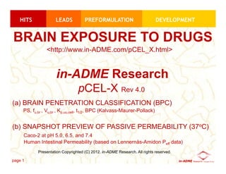 BRAIN EXPOSURE TO DRUGS
                <http://www.in-ADME.com/pCEL_X.html>


                     in-ADME Research
                                 pCEL-X Rev 4.0
(a) BRAIN PENETRATION CLASSIFICATION (BPC)
     PS, fu,br , Vu,br , Kp,uu,cell, t1/2, BPC (Kalvass-Maurer-Pollack)


(b) SNAPSHOT PREVIEW OF PASSIVE PERMEABILITY (37oC)
     Caco-2 at pH 5.0, 6.5, and 7.4
     Human Intestinal Permeability (based on Lennernäs-Amidon Peff data)
            Presentation Copyrighted (C) 2012. in-ADME Research. All rights reserved.

page 1                                                                                  in-ADME   Research   Copyright © 2012 
 