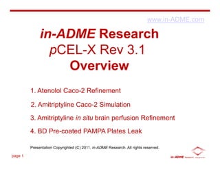 www.in-ADME.com

              in-ADME Research
                pCEL-X Rev 3.1
                  Overview
         1. Atenolol Caco-2 Refinement

         2. Amitriptyline Caco-2 Simulation

         3. Amitriptyline in situ brain perfusion Refinement

         4. BD Pre-coated PAMPA Plates Leak

         Presentation Copyrighted (C) 2011. in-ADME Research. All rights reserved.

page 1                                                                               in-ADME   Research   Copyright © 2011 
 