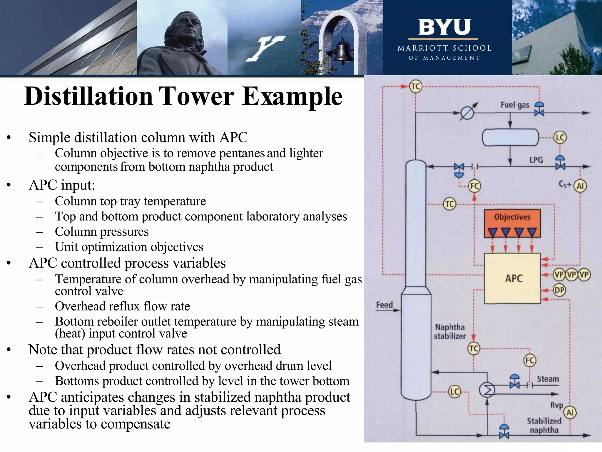 Simple distillation column with APC Column objective is to remove pentanes   and lighter components   from bottom naphtha product APC input: Column top tray temperature Top and bottom product component laboratory analyses Column pressures Unit optimization objectives APC controlled process variables Temperature of column overhead by manipulating fuel gas control valve Overhead reflux flow rate Bottom reboiler outlet temperature by manipulating steam (heat) input control valve Note that product flow rates not controlled Overhead product controlled by overhead drum level Bottoms product controlled by level in the tower bottom APC anticipates changes in stabilized naphtha product due to input variables and adjusts relevant process variables to compensate Distillation Tower Example 