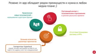 Резюме: in-app обладает рядом преимуществ и нужна в любом
медиа-плане ;)
Постоянный контакт с
пользователем в приложениях
в режиме реального времени
Отсутствие блокировки
рекламы в APPs
Большое количество
различных таргетингов
Привлечение
новых пользователей –
наращивание аудитории бренда
Геотаргетинг Hyperlocal
самая точная настройка на место на
карте (по адресу или гео координатам)
 