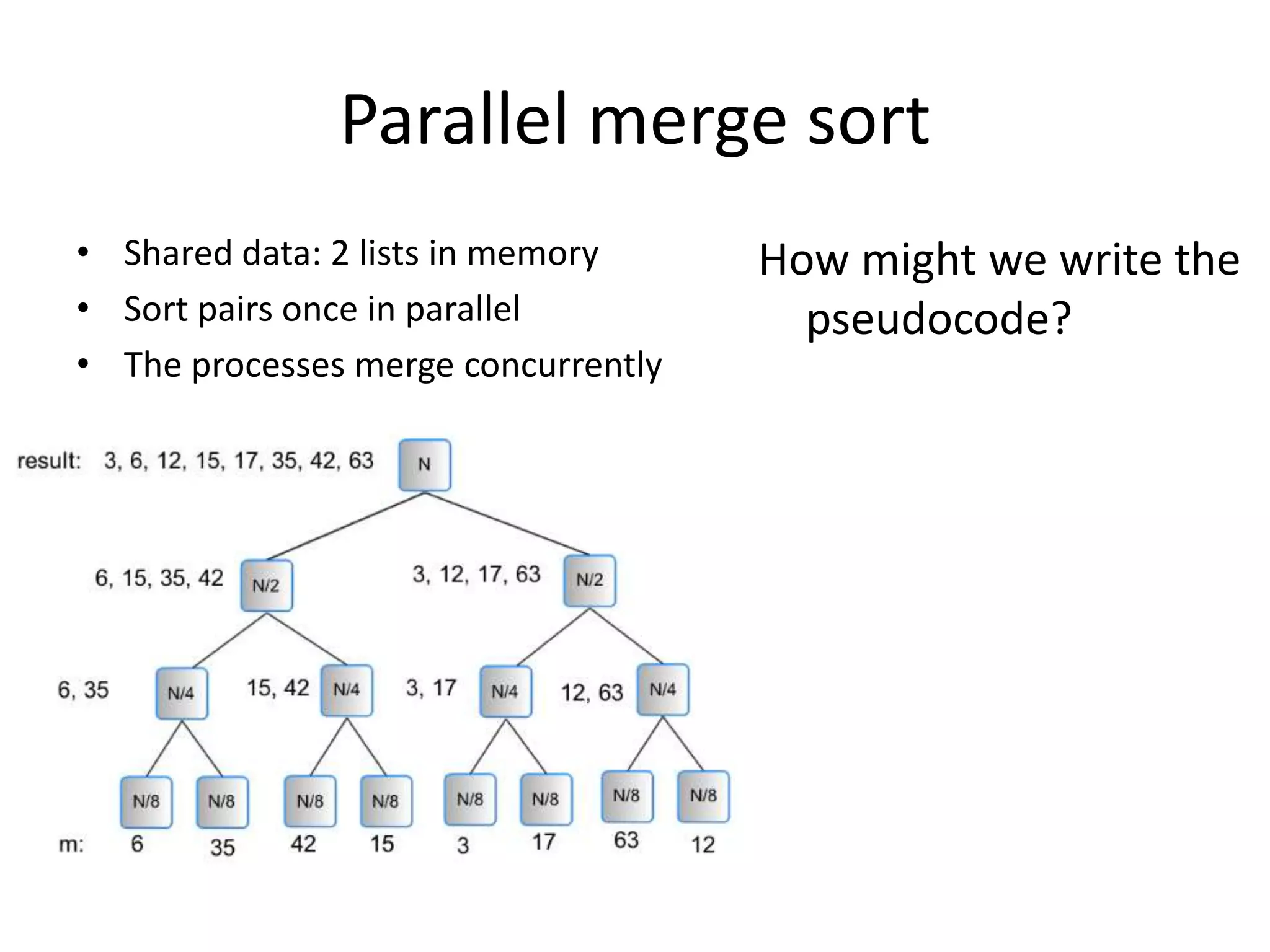 Parallel merge sort
• Shared data: 2 lists in memory     How might we write the
• Sort pairs once in parallel          pseudocode?
• The processes merge concurrently
 