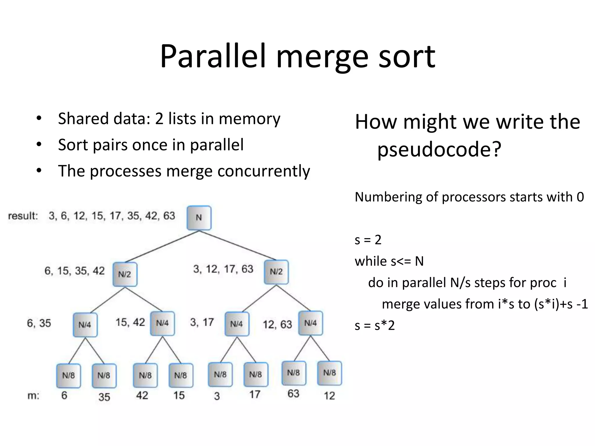 Parallel merge sort
• Shared data: 2 lists in memory     How might we write the
• Sort pairs once in parallel          pseudocode?
• The processes merge concurrently
                                     Numbering of processors starts with 0

                                     s=2
                                     while s<= N
                                        do in parallel N/s steps for proc i
                                          merge values from i*s to (s*i)+s -1
                                     s = s*2
 