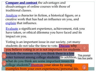 Analyze a character in fiction, a historical figure, or a 
creative work that has had an influence on you, and 
explain that influence. 
Evaluate a significant experience, achievement, risk you 
have taken, or ethical dilemma you have faced and its 
impact on you. 
4 
2 
3 
1 
Compare and contrast 
the advantages and 
disadvantages of online courses with those of 
traditional classes. 
Voting is an important issue in our society, yet many 
students do not take the time to vote. Discuss why 
you believe voting is or is not important for students. 
Include the reasons why you think there is a low 
voter turnout among college students. In addition, 
what do you think are some important issues for 
college students? Illustrate your ideas by using 
examples from your own experiences/personal life. 
This prompt 
has four parts 
 
