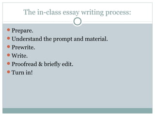 The in-class essay writing process: 
Prepare. 
Understand the prompt and material. 
Prewrite. 
Write. 
Proofread & briefly edit. 
Turn in! 
 