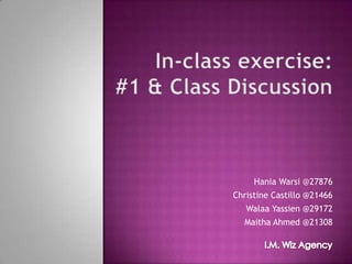In-class exercise: #1 & Class Discussion HaniaWarsi @27876 Christine Castillo @21466 WalaaYassien @29172 Maitha Ahmed @21308 I.M. Wiz Agency 
