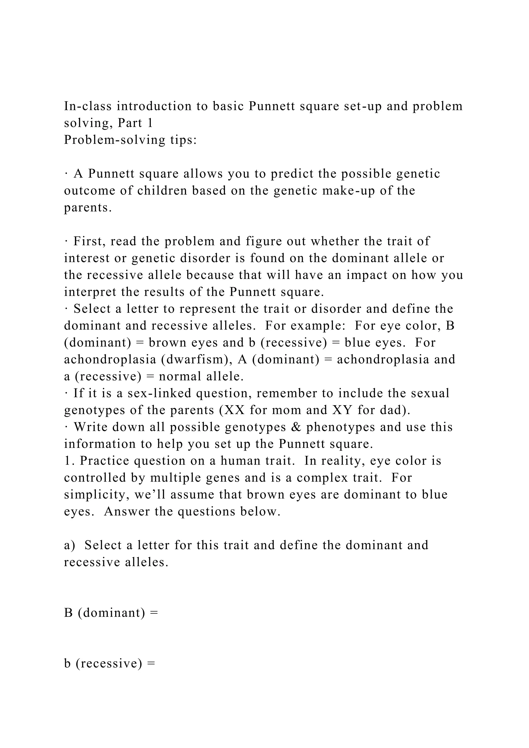 In-class introduction to basic Punnett square set-up and problem s.docx