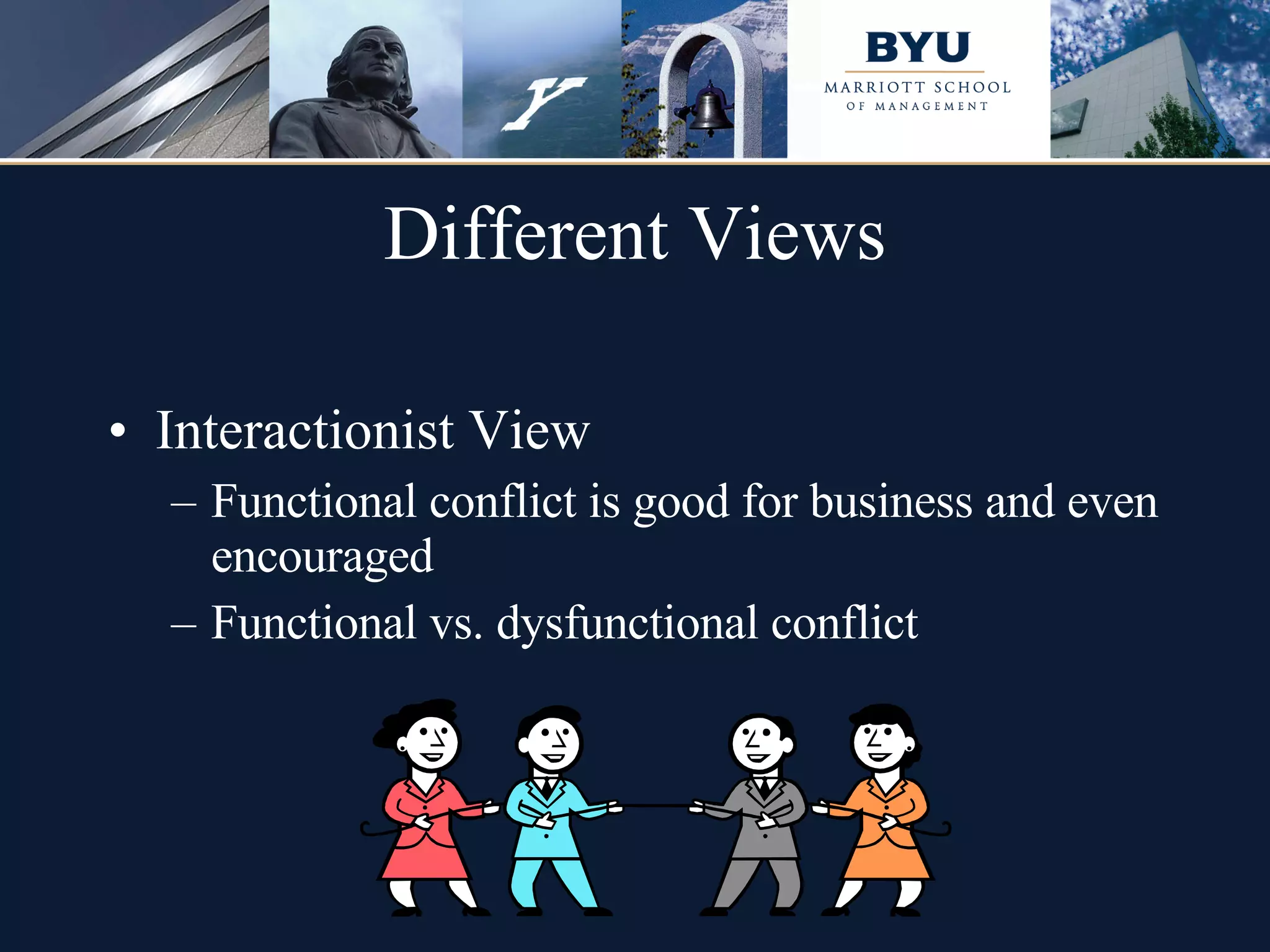 Different Views Interactionist View Functional conflict is good for business and even encouraged Functional vs. dysfunctional conflict 
