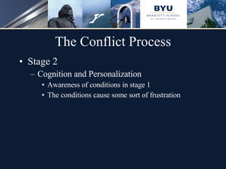 The Conflict Process Stage 2 Cognition and Personalization Awareness of conditions in stage 1 The conditions cause some sort of frustration 