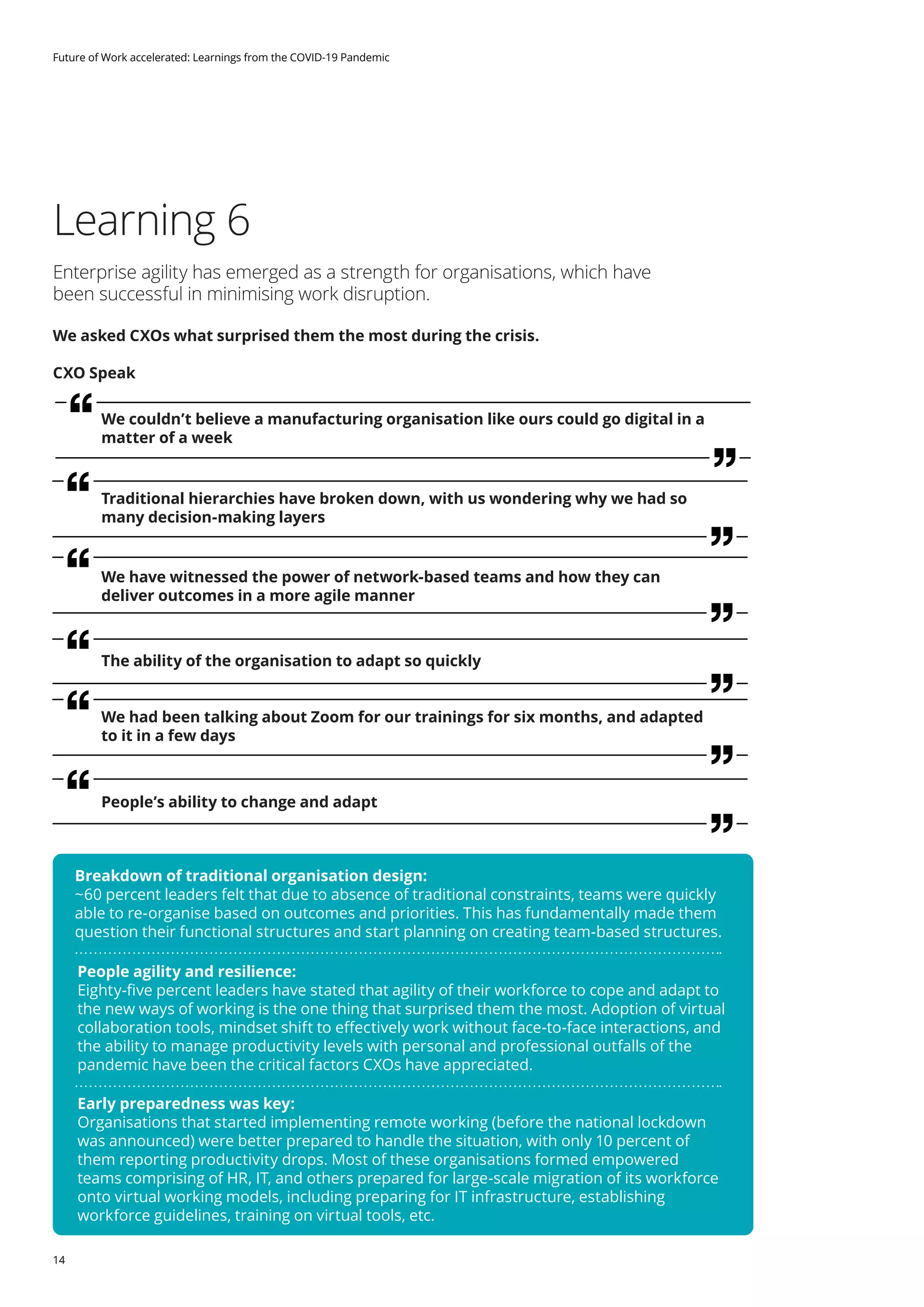 14
Future of Work accelerated: Learnings from the COVID-19 Pandemic
Learning 6
Enterprise agility has emerged as a strength for organisations, which have
been successful in minimising work disruption.
We asked CXOs what surprised them the most during the crisis.
CXO Speak
People’s ability to change and adapt
We couldn’t believe a manufacturing organisation like ours could go digital in a
matter of a week
Traditional hierarchies have broken down, with us wondering why we had so
many decision-making layers
We have witnessed the power of network-based teams and how they can
deliver outcomes in a more agile manner
The ability of the organisation to adapt so quickly
We had been talking about Zoom for our trainings for six months, and adapted
to it in a few days
Breakdown of traditional organisation design:
~60 percent leaders felt that due to absence of traditional constraints, teams were quickly
able to re-organise based on outcomes and priorities. This has fundamentally made them
question their functional structures and start planning on creating team-based structures.
People agility and resilience:
Eighty-five percent leaders have stated that agility of their workforce to cope and adapt to
the new ways of working is the one thing that surprised them the most. Adoption of virtual
collaboration tools, mindset shift to effectively work without face-to-face interactions, and
the ability to manage productivity levels with personal and professional outfalls of the
pandemic have been the critical factors CXOs have appreciated.
Early preparedness was key:
Organisations that started implementing remote working (before the national lockdown
was announced) were better prepared to handle the situation, with only 10 percent of
them reporting productivity drops. Most of these organisations formed empowered
teams comprising of HR, IT, and others prepared for large-scale migration of its workforce
onto virtual working models, including preparing for IT infrastructure, establishing
workforce guidelines, training on virtual tools, etc.
 
