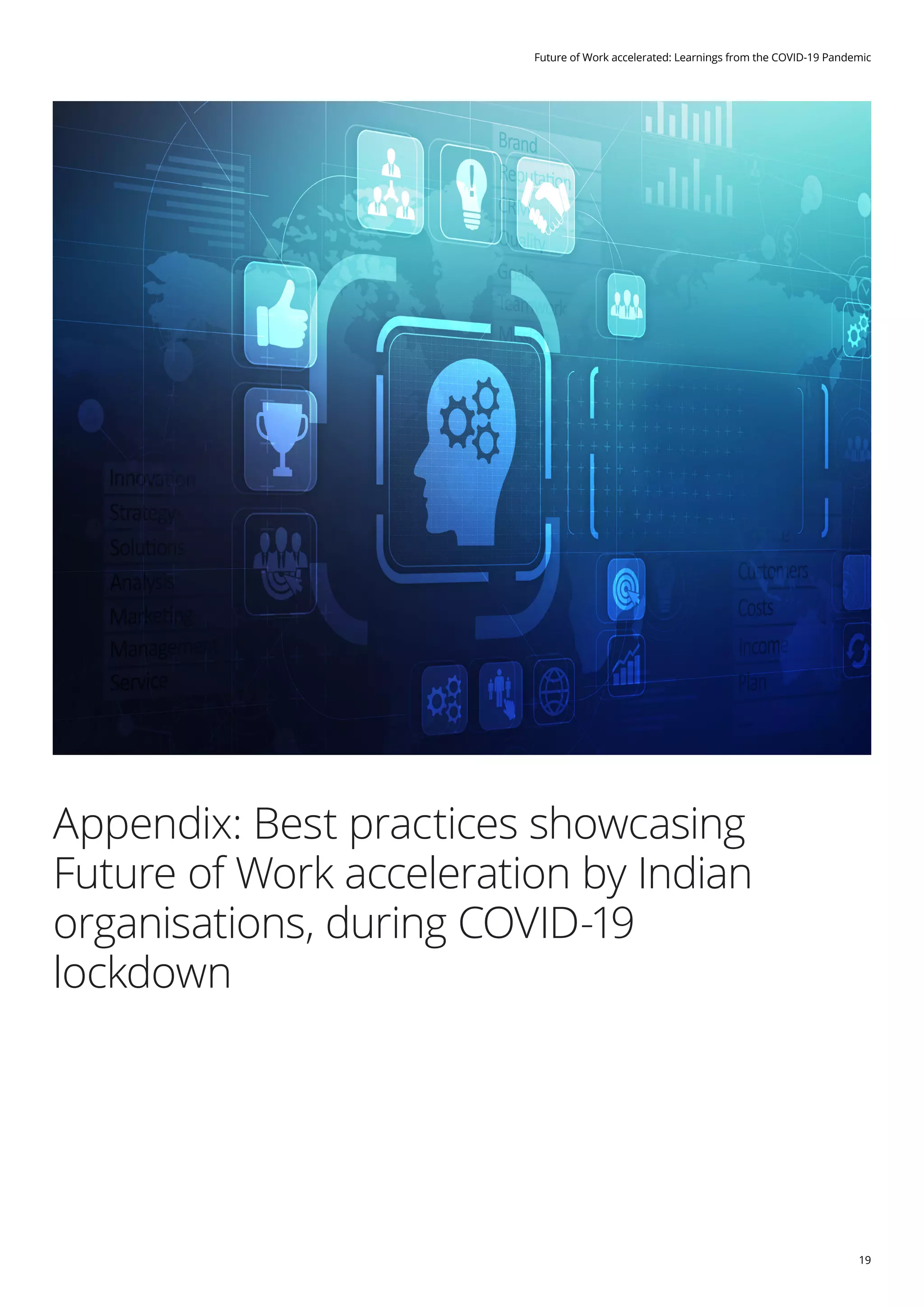 19
Future of Work accelerated: Learnings from the COVID-19 Pandemic
Appendix: Best practices showcasing
Future of Work acceleration by Indian
organisations, during COVID-19
lockdown
 