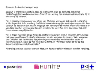 Scenario 1 – hoe het vroeger was
Carolyn is teamleider. Net als haar 25 teamleden, is zij de hele dag bezig met
taakinhoudelijke werkzaamheden. Ze heeft dus weinig tijd om haar administratie bij te
werken of bij te leren.
Het is dinsdag morgen acht uur als ze van Christian verneemt dat hij ziek is. Carolyn
schiet in paniek. Juist vandaag had Christian een belangrijke taak bij een operatie. Aan
Carolyn de opdracht om zo snel mogelijk een vervanger te vinden. Maar wie? Wie is er
vandaag aan het werk en zou kunnen invallen? Ze weet het niet. Dan maar het hele
team zo snel mogelijk bellen.
Het is tegen negenen als ze Amanda heeft overtuigd om toch in te vallen. Of Amanda
net zo gekwalificeerd is als Christian moet ze niet vergeten te vragen. “Niet vergeten
om Christian ziek te melden, het planningssysteem bij te werken en het team te
informeren als ik straks op het werk ben”, denkt ze. “Nu maar kijken of we op tijd
kunnen beginnen met de operatie.”
Haar dag kon niet slechter starten. Met zo'n humeur zal het niet veel worden vandaag.
 