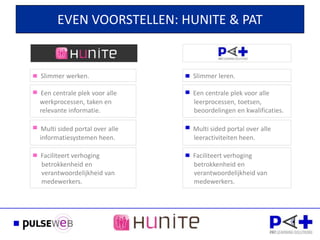EVEN VOORSTELLEN: HUNITE & PAT


Slimmer werken.                 Slimmer leren.

Een centrale plek voor alle     Een centrale plek voor alle
werkprocessen, taken en         leerprocessen, toetsen,
relevante informatie.           beoordelingen en kwalificaties.

 Multi sided portal over alle   Multi sided portal over alle
informatiesystemen heen.        leeractiviteiten heen.

Faciliteert verhoging           Faciliteert verhoging
betrokkenheid en                betrokkenheid en
verantwoordelijkheid van        verantwoordelijkheid van
medewerkers.                    medewerkers.
 
