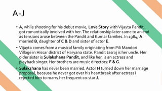 A-J
• A, while shooting for his debut movie, Love Story withVijayta Pandit,
got romantically involved with her.The relationship later came to an end
as tensions arose between the Pandit and Kumar families. In 1984, A
married B, daughter of C & D and sister of actor E.
• Vijayta comes from a musical family originating from Pili Mandori
Village in Hissar district of Haryana state. Pandit Jasraj is her uncle. Her
older sister is Sulakshana Pandit, and like her, is an actress and
playback singer. Her brothers are music directors: F & G.
• Sulakshana has never been married.Actor H turned down her marriage
proposal, because he never got over his heartbreak after actress I
rejected him to marry her frequent co-star J.
 