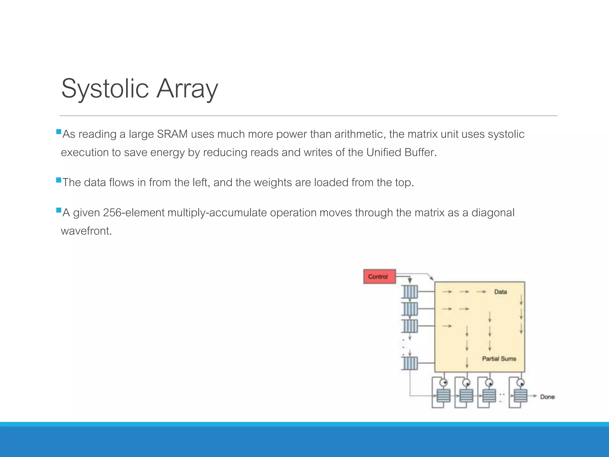 Systolic Array
As reading a large SRAM uses much more power than arithmetic, the matrix unit uses systolic
execution to save energy by reducing reads and writes of the Unified Buffer.
The data flows in from the left, and the weights are loaded from the top.
A given 256-element multiply-accumulate operation moves through the matrix as a diagonal
wavefront.
 