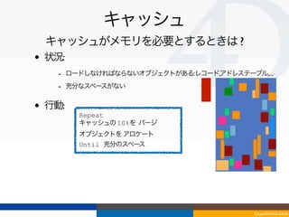 キャッシュ
    キャッシュがメモリを必要とするときは ?
•   状況:
      - ロードしなければならないオブジェクトがある:レコード,アドレステーブル,...
      - 充分なスペースがない

•   行動:
          Repeat
          キャッシュの 10%を パージ
          オブジェクトを アロケート
          Until 充分のスペース




                                           Tokyo/2010-03-03/04
 