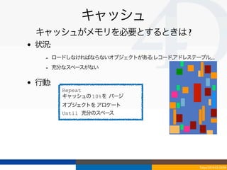 キャッシュ
    キャッシュがメモリを必要とするときは ?
•   状況:
      - ロードしなければならないオブジェクトがある:レコード,アドレステーブル,...
      - 充分なスペースがない

•   行動:
          Repeat
          キャッシュの 10%を パージ
          オブジェクトを アロケート
          Until 充分のスペース




                                           Tokyo/2010-03-03/04
 