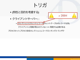 トリガ
 • (特性と目的を考慮する)
                                ≠ 2004
 • クライアントサーバー: :
    ‣ セレクションとカレントレコード (カレントテーブルのレコード以外)
    ‣ クライアントと同期が取られていない => 再現する必要がある
プロセスセット,プロセス命名セレクション,レコードロッキング,トランザク




                                          Tokyo/2010-03-03/04
 