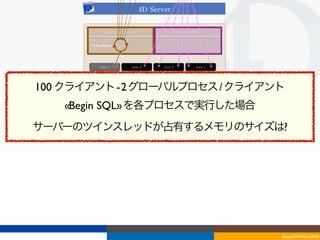 4D	
 Server

              Cooperatives                            Preemptives

       Scheduler



          Core	
 1      Core	
 2           Core	
 3           Core	
 4

                             Operating	
 System


100 クライアント - 2 グローバルプロセス / クライアント
   «Begin SQL» を各プロセスで実行した場合
サーバーのツインスレッドが占有するメモリのサイズは?




                                                                         Tokyo/2010-03-03/04
 
