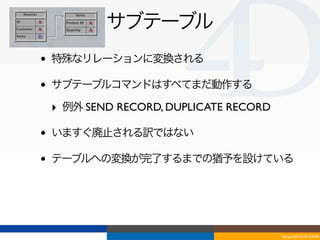 サブテーブル
•   特殊なリレーションに変換される

•   サブテーブルコマンドはすべてまだ動作する

    ‣ 例外 SEND RECORD, DUPLICATE RECORD

•   いますぐ廃止される訳ではない

•   テーブルへの変換が完了するまでの猶予を設けている




                                         Tokyo/2010-03-03/04
 