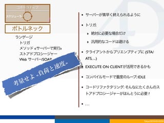 •   サーバーが素早く終えられるように

                     •   トリガ:
ボトルネック
                          ‣ 絶対に必要な場合だけ
ランゲージ
 トリガ                      ‣ 汎用的なコードは避ける
 メソッド «サーバーで実行»
 ストアドプロシージャー         •   クライアントからプリエンプティブに (STA/
 Web サーバー/SOAP           ATS, ...)
                度»   •
             と速
                         EXECUTE ON CLIENTが活用できるかも
           荷
       よ «負          •   コンパイルモードで重度のルー IDLE
                                       プ:
    量 せ
考                    •   コードリファクタリング: そんなにたくさんのス
                         トアドプロシージャーがほんとうに必要 ?

                     •   ...



                                               Tokyo/2010-03-03/04
 