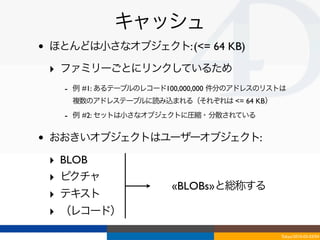 キャッシュ
•   ほとんどは小さなオブジェクト: (<= 64 KB)

    ‣ ファミリーごとにリンクしているため
        - 例 #1: あるテーブルのレコード100,000,000 件分のアドレスのリストは
         複数のアドレステーブルに読み込まれる（それぞれは <= 64 KB）
        - 例 #2: セットは小さなオブジェクトに圧縮・分散されている

•   おおきいオブジェクトはユーザーオブジェクト:

    ‣   BLOB 
    ‣   ピクチャ
                            «BLOBs»と総称する
    ‣   テキスト
    ‣   （レコード）

                                                 Tokyo/2010-03-03/04
 