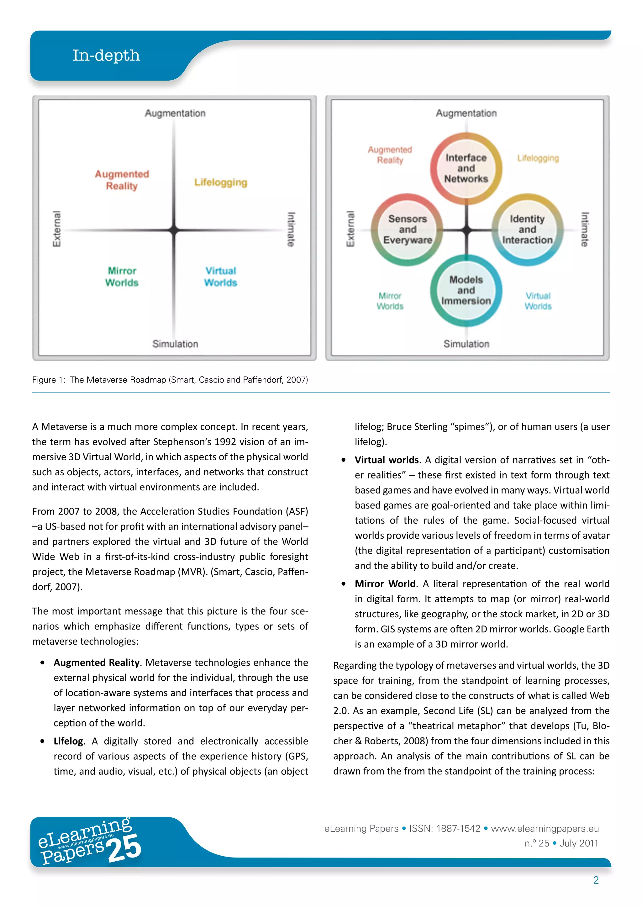 In-depth




                                                                                                                                               
Figure 1: The Metaverse Roadmap (Smart, Cascio and Paffendorf, 2007)




A Metaverse is a much more complex concept. In recent years,                     lifelog; Bruce Sterling “spimes”), or of human users (a user
the term has evolved after Stephenson’s 1992 vision of an im-                    lifelog).
mersive 3D Virtual World, in which aspects of the physical world              •	 Virtual	worlds. A digital version of narratives set in “oth-
such as objects, actors, interfaces, and networks that construct                 er realities” – these first existed in text form through text
and interact with virtual environments are included.                             based games and have evolved in many ways. Virtual world
                                                                                 based games are goal-oriented and take place within limi-
From 2007 to 2008, the Acceleration Studies Foundation (ASF)
                                                                                 tations of the rules of the game. Social-focused virtual
–a US-based not for profit with an international advisory panel–
                                                                                 worlds provide various levels of freedom in terms of avatar
and partners explored the virtual and 3D future of the World
                                                                                 (the digital representation of a participant) customisation
Wide Web in a first-of-its-kind cross-industry public foresight
                                                                                 and the ability to build and/or create.
project, the Metaverse Roadmap (MVR). (Smart, Cascio, Paffen-
dorf, 2007).                                                                  •	 Mirror	 World. A literal representation of the real world
                                                                                 in digital form. It attempts to map (or mirror) real-world
The most important message that this picture is the four sce-                    structures, like geography, or the stock market, in 2D or 3D
narios which emphasize different functions, types or sets of                     form. GIS systems are often 2D mirror worlds. Google Earth
metaverse technologies:                                                          is an example of a 3D mirror world.
 •	 Augmented	Reality. Metaverse technologies enhance the                   Regarding the typology of metaverses and virtual worlds, the 3D
    external physical world for the individual, through the use             space for training, from the standpoint of learning processes,
    of location-aware systems and interfaces that process and               can be considered close to the constructs of what is called Web
    layer networked information on top of our everyday per-                 2.0. As an example, Second Life (SL) can be analyzed from the
    ception of the world.                                                   perspective of a “theatrical metaphor” that develops (Tu, Blo-
 •	 Lifelog. A digitally stored and electronically accessible               cher & Roberts, 2008) from the four dimensions included in this
    record of various aspects of the experience history (GPS,               approach. An analysis of the main contributions of SL can be
    time, and audio, visual, etc.) of physical objects (an object           drawn from the from the standpoint of the training process:




        ing
   earn
                                                                           eLearning Papers • ISSN: 1887-1542 • www.elearningpapers.eu
 eL ers
                          25
                            u
                       ers.e
                   gpap
      www
         .elea
               rnin                                                                                                      n.º 25 • July 2011
 Pap
                                                                                                                                          2
 