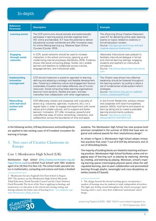 In-depth


 Reference
                                Description                                                         Example
 Parameter

  Learning events               The CCR community should actively and systematically                The eTwinning Group Creative Classroom
                                participate in learning events and also organise them               uses ICT for delivering online open learning
                                (f2f, online and blended). ICT have the potential to deliver        events on topics related to creativity in
                                educational courses worldwide and offer innovative ways             formal education context.
                                for online lifelong learning e.g. Massive Open Online               Source: http://groups.etwinning.net/web/
                                Courses (Conole, 2010).                                             creative-classroom/welcome)

  Engaging                      In CCR, social networks should be used to increase                  Absolutely Intercultural uses podcast to
  through social                interaction in the school community, opening up and                 facilitate intercultural dialogue in formal
  networks                      modernising internal processes (Ala-Mutka, 2010). Evidence          and informal learning settings, engaging
                                shows that social computing (blogs, Twitter, etc.) enable           students and teachers on intercultural
                                learners and teachers to collaborate across cultures,               simulations.
                                language barriers, and institutional walls.                         Source: http://www.absolutely-intercultural.
                                                                                                    com

 Implementing                   CCR should implement a systemic approach to learning,               The Ontario case shows how effective
 innovation                     defining and adopting a strategic and feasible development          leadership should be fostered throughout
 management                     plan. Fostering a collective culture and engagement favours         the learning system, by putting in place a
                                sustainable innovation and makes effective use of human             set of fundamental whole-system-reform
                                resources. Social computing helps learning organisations            strategies.
                                become more dynamic, flexible and open, and also                    Source: http://www.edu.gov.on.ca/bb4e/
                                intensifies their collaboration with other organisations.           Ontario_CaseStudy2010.pdf

 Networking                     CCR effectively interact and cooperate with a plurality of          In the Finnish Model Vihti, schools interact
 with real-word                 actors (e.g. industries, agencies, museums, etc.), on a             and cooperate with local municipalities,
 context and                    regular basis in order to engage and experiment with social         parents, NGOs, local farms and experts to
 actors                         values and multiple cultures, and to support and foster             learn by doing and to create sustainable
                                learners’ motivation. ICT offer innovative, powerful and            learning environments outdoors.
                                cost-effective ways of online networking, interaction, and          Source: http://www.oecd.org/
                                collaboration across the boundaries of time and space.              dataoecd/32/21/49750537   .pdf


In the following section, CCR key dimensions and building blocks                academy. The Monkseaton High School has new purpose-built
are applied to two existing cases of ICT-enabled innovation for                 premises completed in the summer of 2010 that have won re-
learning in Europe.                                                             gional and national awards for their revolutionary design3.

                                                                                As shown in Figure 2, Monkseaton High School adopts innova-
3.	 Two cases of Creative Classrooms in                                         tive practices that cover 7 out of 8 CCR key dimensions and 21
                                                                                out of 28 building blocks.
    Europe
                                                                                The majority of building blocks are related to teaching and learn-
Case 1: Monkseaton High School (UK)                                             ing practices. Monkseaton High School facilitates active and en-
                                                                                gaging ways of learning such as playing by exploring, learning
Monkseaton High School (http://www.monkseaton.org.uk/                           by creating, and learning by playing. Moreover, school’s inspir-
Pages/Home.aspx) is a British Trust School2 with 700+ students                  ing learning spaces (rearranging physical space) allow the self-
aged 13 to 18 (Year 9 to Year 13). The school holds specialist sta-             regulated learning, peer-to-peer collaboration and personalized
tus in mathematics, computing and science and hosts a football                  learning through playful, meaningful and cross-disciplinary ac-
                                                                                tivities (mainly ICT-based).
2 Monkseaton became England’s first Trust School in August
2007. The partners are the Monkseaton High School, Microsoft,
Tribal Education, North Tyneside Council and the Chair, Professor               3 The design, beyond the formal teaching spaces, incorporates a
David Reynolds. The focus of the Trust is applying technology and               number of learning areas for students to study independent of teachers.
neuroscience to education at the school and creating, testing and               The light, airy feeling created throughout the school encourages ‘open’
sharing solutions for better ways of learning (http://en.wikipedia.org/         learning and is a move away from traditional, ‘institutional’ school
wiki/Monkseaton_High_School).                                                   design.



        ing
   earn
                                                                             eLearning Papers • ISSN: 1887-1542 • www.elearningpapers.eu
 eL ers
                          30
                            u
                       ers.e
                   gpap
      www
         .elea
               rnin                                                                                                      n.º 30 • September 2012
 Pap
                                                                                                                                                   8
 