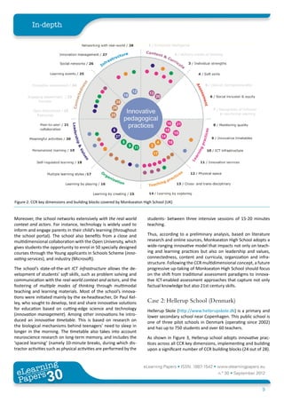 In-depth




Figure 2: CCR key dimensions and building blocks covered by Monkseaton High School (UK)


Moreover, the school networks extensively with the real world            students- between three intensive sessions of 15-20 minutes
context and actors. For instance, technology is widely used to           teaching.
inform and engage parents in their child’s learning (throughout
the school portal). The school also benefits from a close and            Thus, according to a preliminary analysis, based on literature
multidimensional collaboration with the Open University, which           research and online sources, Monkseaton High School adopts a
gives students the opportunity to enrol in 50 specially designed         wide-ranging innovative model that impacts not only on teach-
courses through the Young applicants in Schools Scheme (inno-            ing and learning practices but also on leadership and values,
vating services), and industry (Microsoft).                              connectedness, content and curricula, organization and infra-
                                                                         structure. Following the CCR multidimensional concept, a future
The school’s state-of-the-art ICT infrastructure allows the de-          progressive up-taking of Monkseaton High School should focus
velopment of students’ soft skills, such as problem solving and          on the shift from traditional assessment paradigms to innova-
communication with the real-world context and actors, and the            tive ICT-enabled assessment approaches that capture not only
fostering of multiple modes of thinking through multimodal               factual knowledge but also 21st century skills.
teaching and learning materials. Most of the school’s innova-
tions were initiated mainly by the ex-headteacher, Dr Paul Kel-
ley, who sought to develop, test and share innovative solutions          Case 2: Hellerup School (Denmark)
for education based on cutting-edge science and technology               Hellerup Skole (http://www.hellerupskole.dk) is a primary and
(innovation management). Among other innovations he intro-               lower secondary school near Copenhagen. This public school is
duced an innovative timetable. This is based on research on              one of three pilot schools in Denmark (operating since 2002)
the biological mechanisms behind teenagers’ need to sleep in             and has up to 750 students and over 60 teachers.
longer in the morning. The timetable also takes into account
neuroscience research on long-term memory, and includes the              As shown in Figure 3, Hellerup school adopts innovative prac-
‘spaced learning’ (namely 10-minute breaks, during which dis-            tices across all CCR key dimensions, implementing and building
tractor activities such as physical activities are performed by the      upon a significant number of CCR building blocks (24 out of 28).


        ing
   earn
                                                                       eLearning Papers • ISSN: 1887-1542 • www.elearningpapers.eu
 eL ers
                          30
                            u
                       ers.e
                   gpap
      www
         .elea
               rnin                                                                                          n.º 30 • September 2012
 Pap
                                                                                                                                     9
 