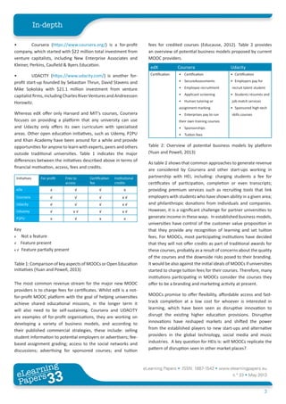 eLearning Papers • ISSN: 1887-1542 • www.elearningpapers.eu
n.º 33 • May 2013
3
In-depth
eLearning
Papers
33www.elearningpapers.eu
•	 Coursera (https://www.coursera.org/) is a for-profit
company, which started with $22 million total investment from
venture capitalists, including New Enterprise Associates and
Kleiner, Perkins, Caufield & Byers Education.
•	 UDACITY (https://www.udacity.com/) is another for-
profit start-up founded by Sebastian Thrun, David Stavens and
Mike Sokolsky with $21.1 million investment from venture
capitalistfirms,includingCharlesRiverVenturesandAndreessen
Horowitz.
Whereas edX offer only Harvard and MIT’s courses, Coursera
focuses on providing a platform that any university can use
and Udacity only offers its own curriculum with specialised
areas. Other open education initiatives, such as Udemy, P2PU
and Khan Academy have been around for a while and provide
opportunities for anyone to learn with experts, peers and others
outside traditional universities. Table 1 indicates the major
differences between the initiatives described above in terms of
financial motivation, access, fees and credits.
Initiatives For profit Free to
access
Certification
fee
Institutional
credits
eDx x √ √ x
Coursera √ √ √ x √
Udacity √ √ √ x √
Uduemy √ x √ √ x √
P2PU x √ x x
Key
x Not a feature
√ Feature present
x √ Feature partially present
Table 1: Comparison of key aspects of MOOCs or Open Education
initiatives (Yuan and Powell, 2013)
The most common revenue stream for the major new MOOC
providers is to charge fees for certificates. Whilst edX is a not-
for-profit MOOC platform with the goal of helping universities
achieve shared educational missions, in the longer term it
will also need to be self-sustaining. Coursera and UDACITY
are examples of for-profit organisations, they are working on
developing a variety of business models, and according to
their published commercial strategies, these include: selling
student information to potential employers or advertisers; fee-
based assignment grading; access to the social networks and
discussions; advertising for sponsored courses; and tuition
fees for credited courses (Educause, 2012). Table 2 provides
an overview of potential business models proposed by current
MOOC providers.
edX Coursera Udacity
Certification •	 Certification
•	 SecureAssessments
•	 Employee recruitment
•	 Applicant screening
•	 Human tuloring or
assignment marking
•	 Enterprises pay to run
their own training courses
•	 Sponsorships
•	 Tuition fees
•	 Certification
•	 Employers pay for
recruit talent student
•	 Students résumés and
job match services
•	 Sponsored high-tech
skills courses
Table 2: Overview of potential business models by platform
(Yuan and Powell, 2013)
As table 2 shows that common approaches to generate revenue
are considered by Coursera and other start-ups working in
partnership with HEI, including: charging students a fee for
certificates of participation, completion or even transcripts;
providing premium services such as recruiting tools that link
employers with students who have shown ability in a given area;
and philanthropic donations from individuals and companies.
However, it is a significant challenge for partner universities to
generate income in these ways. In established business models,
universities have control of the customer value proposition in
that they provide any recognition of learning and set tuition
fees. For MOOCs, most participating institutions have decided
that they will not offer credits as part of traditional awards for
these courses, probably as a result of concerns about the quality
of the courses and the downside risks posed to their branding.
It would be also against the initial ideals of MOOCs if universities
started to charge tuition fees for their courses. Therefore, many
institutions participating in MOOCs consider the courses they
offer to be a branding and marketing activity at present.
MOOCs promise to offer flexibility, affordable access and fast-
track completion at a low cost for whoever is interested in
learning, which have been seen as disruptive innovation to
disrupt the existing higher education provisions. Disruptive
innovations have reshaped markets and shifted the power
from the established players to new start-ups and alternative
providers in the global technology, social media and music
industries. A key question for HEIs is: will MOOCs replicate the
pattern of disruption seen in other market places?
 