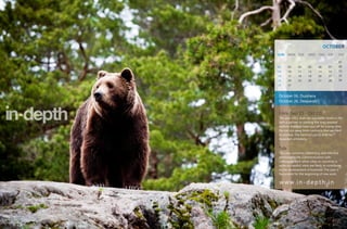 OCTOBER
SUN    MON TUE         WED THU         FRI     SAT

                                               01
02     03      04      05      06      07      08
09     10      11      12      13      14      15
16     17      18      19      20      21      22
23     24      25      26      27      28      29
30     31


October 06, Dusshera
October 26, Deepavali


Libra (Sep 23 - Oct 22)
The year 2011 shall see you settle down in life -
with a partner or starting the long awaited
venture that had been put off for a long time.
Do not run away from contracts that are hard
to achieve. The hard toil put in shall be
rewarded ultimately.


Tula
This year promises interesting and effective
professional life. Communication with
colleagues from other cities or countries is
quite successful; visits are likely to contribute
to the development of business. The year is
favourable for the beginning of new work.

w w w. i n - d e p t h . i n
 