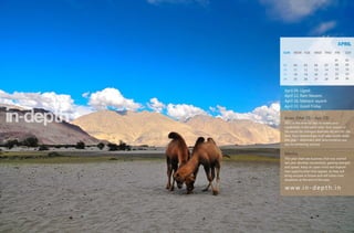 APRIL
SUN   MON TUE        WED THU        FRI     SAT

                                    01      02
03    04      05     06      07     08      09
10    11      12     13      14     15      16
17    18      19     20      21     22      23
24    25      26     27      28     29      30


April 04, Ugadi
April 12, Ram Navami
April 16, Mahavir Jayanti
April 22, Good Friday


Aries (Mar 21 - Apr 19)
2011 is the time for you to assert your
capabilities in the work field. Your course of
life would be changed dramatically and for the
best. Your relationships shall take center-stage
this year – diplomacy and determination are
key for achieving success.


Mesha
This year shall see business that was started
last year develop successfully, gaining strength
and speed. Keep an open mind and explore
new opportunities that appear, as they will
bring success in future and will solve crisis
situations at the end of the year.

w w w. i n - d e p t h . i n
 