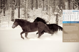 NOVEMBER
SUN    MON TUE        WED THU         FRI     SAT

                                              01
02     03     04      05      06      07      08
09     10     11      12      13      14      15
16     17     18      19      20      21      22
23     24     25      26      27      28      29
30     31


November 10, Guru Nanak Jayanti

Scorpio (Oct 23 - Nov 21)
Your interests and professional ventures
continue unabated in 2011. Put your creativity
to good use and be sensitive to others around
you. This is not a time to lie still. Keep working
and socializing to stay on track but also make
time to relax and rejuvenate.


Vrishchik
This year you will be involved in work that
comes with severe challenges. You should
understand that all difficulties make a certain
sense and are not going to stay forever. Use
these as opportunities to make new plans and
connect with new people.

w w w. i n - d e p t h . i n
 