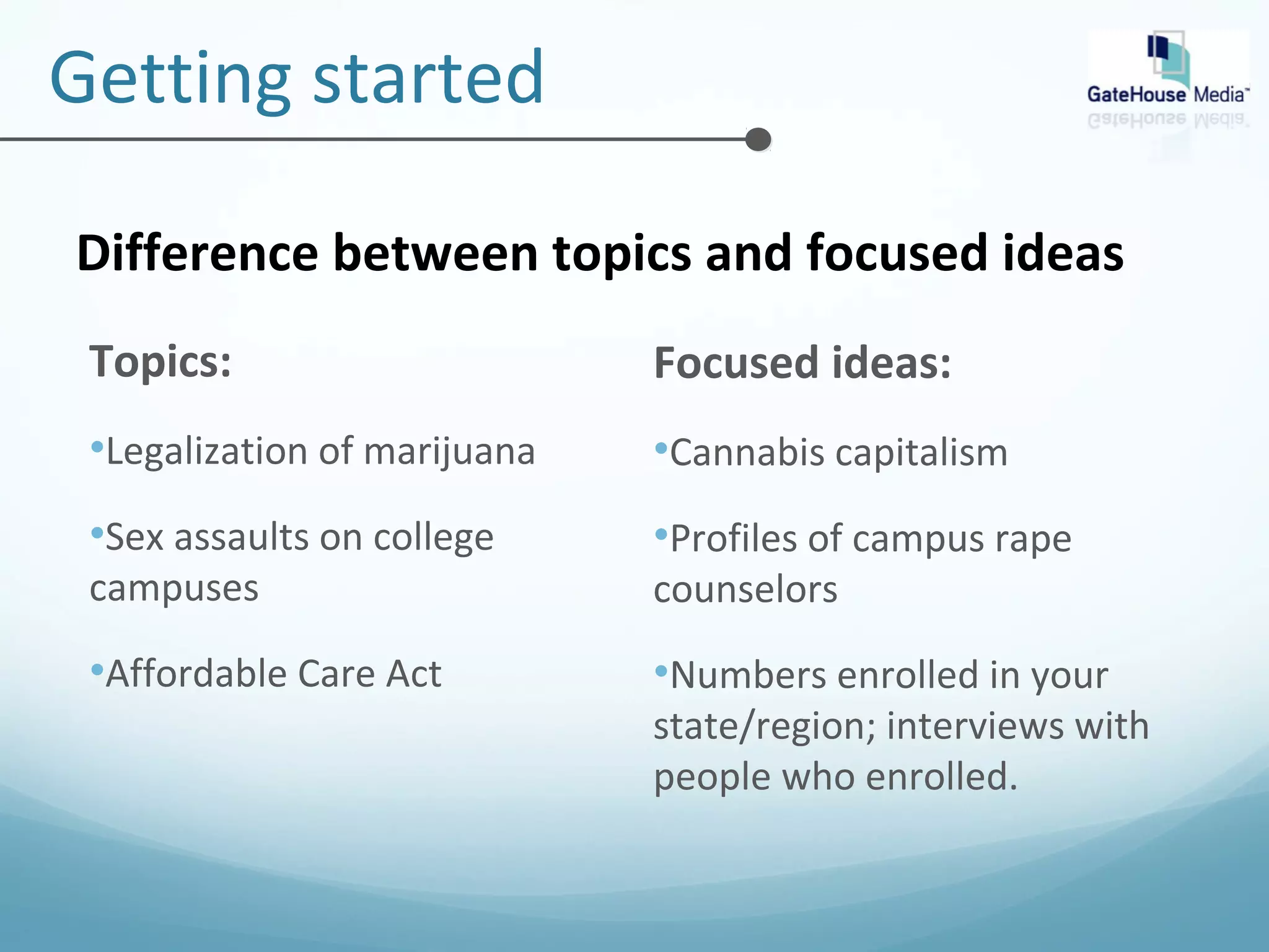 Getting started 
Difference between topics and focused ideas 
Topics: 
•Legalization of marijuana 
•Sex assaults on college 
campuses 
•Affordable Care Act 
Focused ideas: 
•Cannabis capitalism 
•Profiles of campus rape 
counselors 
•Numbers enrolled in your 
state/region; interviews with 
people who enrolled. 
 