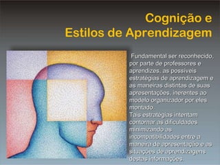 Cognição e Estilos de Aprendizagem Fundamental ser reconhecido, por parte de professores e aprendizes, as possíveis estratégias de aprendizagem e as maneiras distintas de suas apresentações, inerentes ao modelo organizador por eles montado. Tais estratégias intentam contornar as dificuldades minimizando as incompatibilidades entre a maneira de apresentação e as situações de aprendizagens destas informações. 