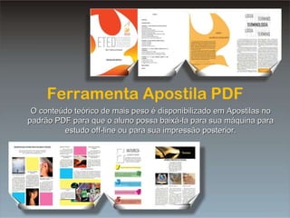 Ferramenta Apostila PDF Ferramenta Apostila PDF O conteúdo teórico de mais peso é disponibilizado em Apostilas no padrão PDF para que o aluno possa baixá-la para sua máquina para estudo off-line ou para sua impressão posterior. 