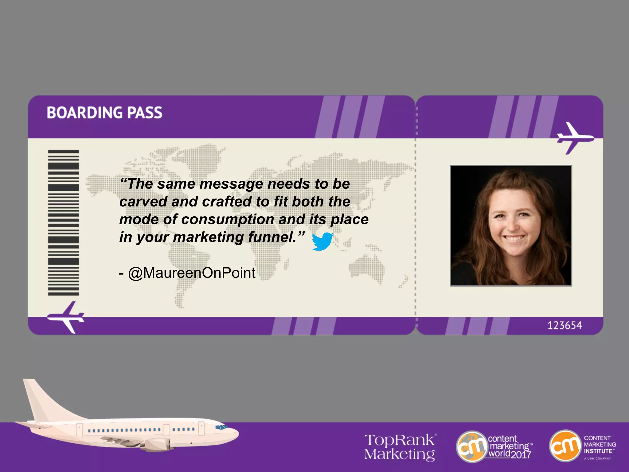 “The same message needs to be
carved and crafted to fit both the
mode of consumption and its place
in your marketing funnel.”
- @MaureenOnPoint
 