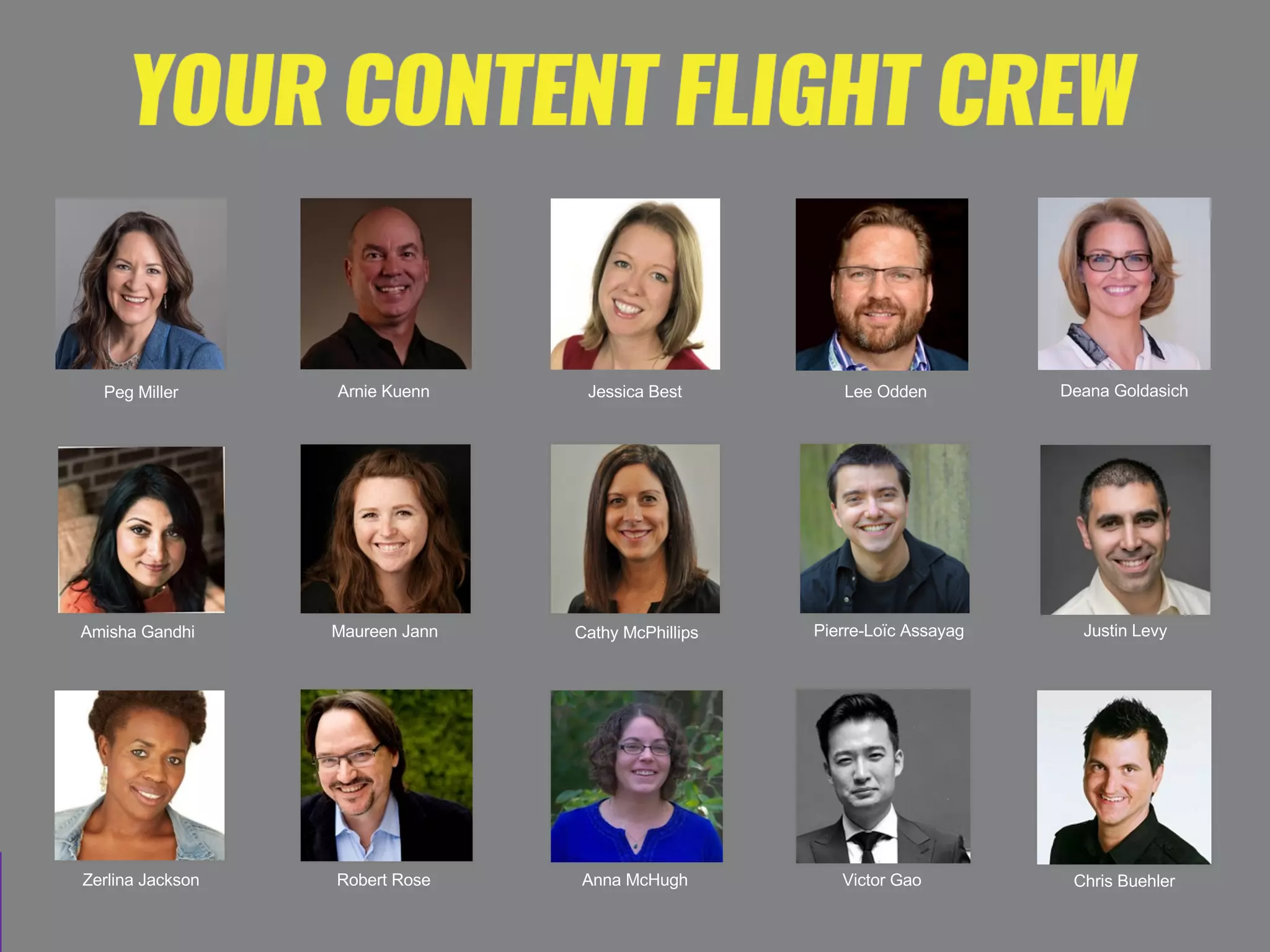 Peg Miller Arnie Kuenn Jessica Best Lee Odden Deana Goldasich
Amisha Gandhi Maureen Jann Cathy McPhillips Pierre-Loïc Assayag Justin Levy
Robert Rose Anna McHughZerlina Jackson Victor Gao Chris Buehler
 