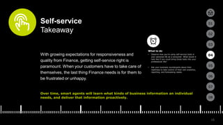 15
01
02
03
04
05
06
07
08
Self-service
Takeaway
With growing expectations for responsiveness and
quality from Finance, getting self-service right is
paramount. When your customers have to take care of
themselves, the last thing Finance needs is for them to
be frustrated or unhappy.
Over time, smart agents will learn what kinds of business information an individual
needs, and deliver that information proactively.
• Observe how you’re using self-service tools in
your personal life as a consumer. What would it
look like if you could bring those tools into your
professional life?
• Ask your business counterparts about their
readiness to take control of their own analytics,
reporting, and forecasting needs.
04
What to do
 