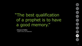 19
01
02
03
04
05
06
07
08
09
“The best qualification
of a prophet is to have
a good memory.”
—Marquis of Halifax
English ...