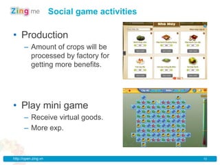 Social game activities

• Production
      – Amount of crops will be
        processed by factory for
        getting more benefits.




• Play mini game
      – Receive virtual goods.
      – More exp.



http://open.zing.vn                            10
 